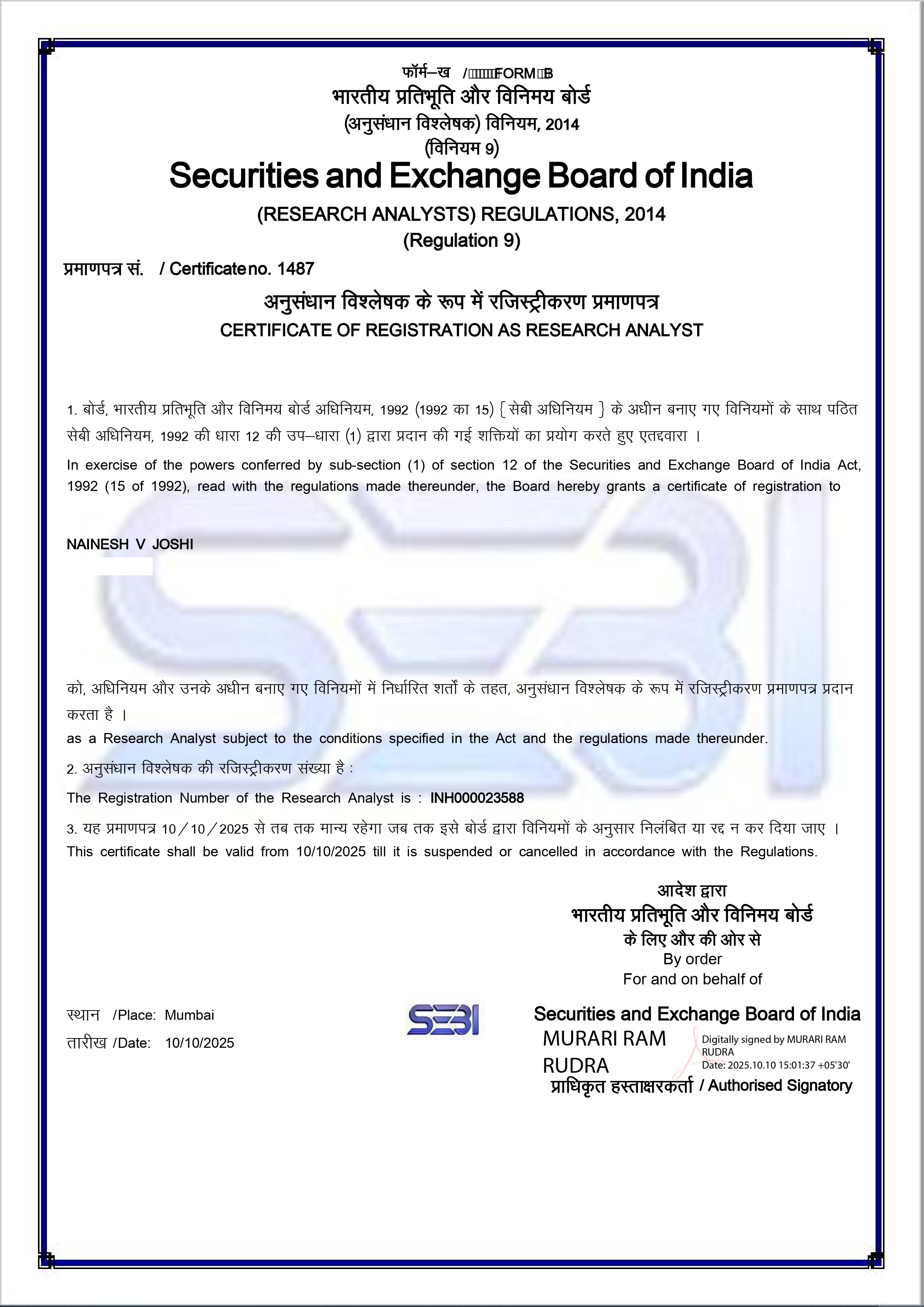 SEBI Registration Certificate for NAINESH V JOSHI, Registration No. INH000023588