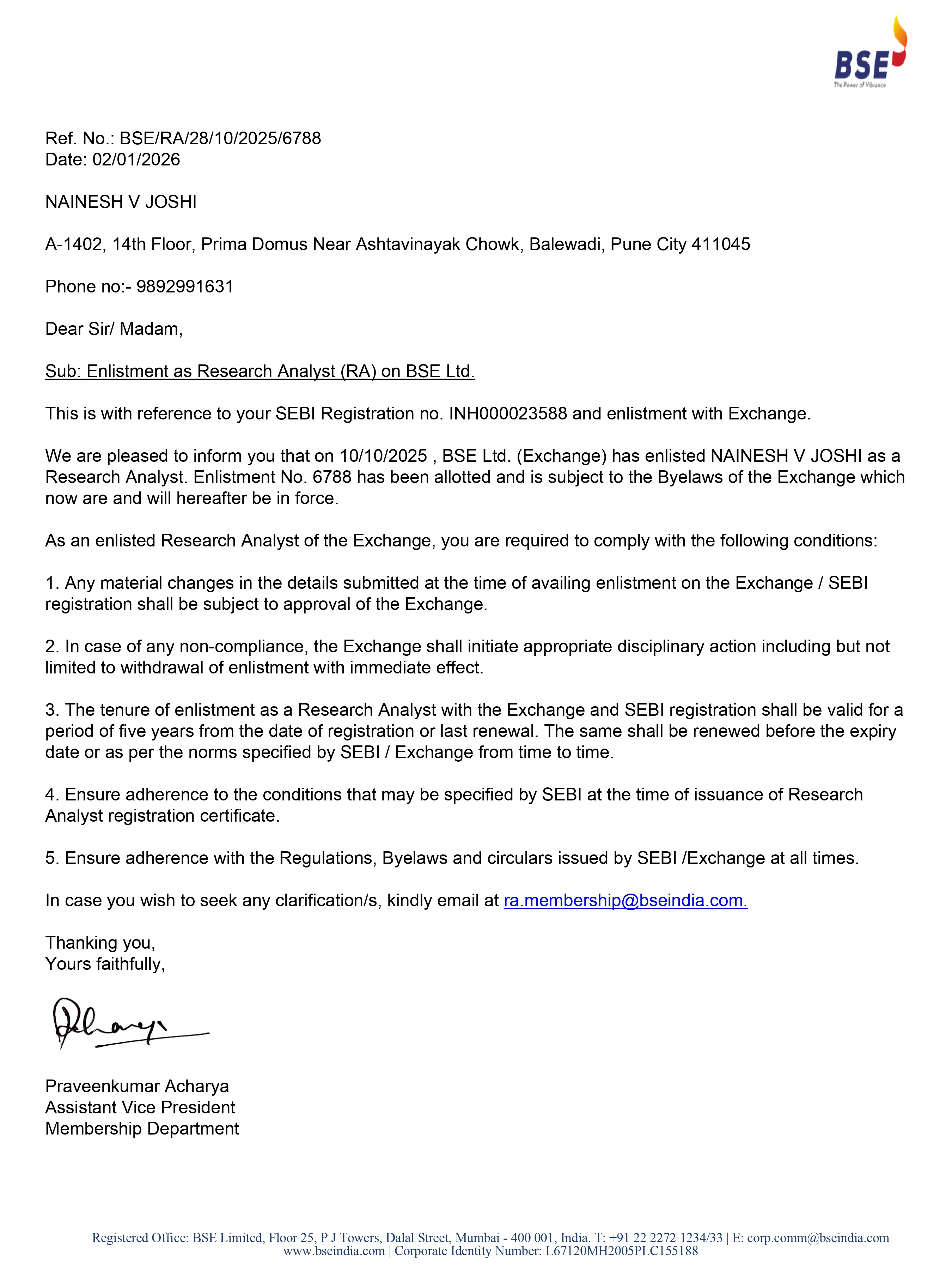 BSE Enlistment Letter for SLN Finance